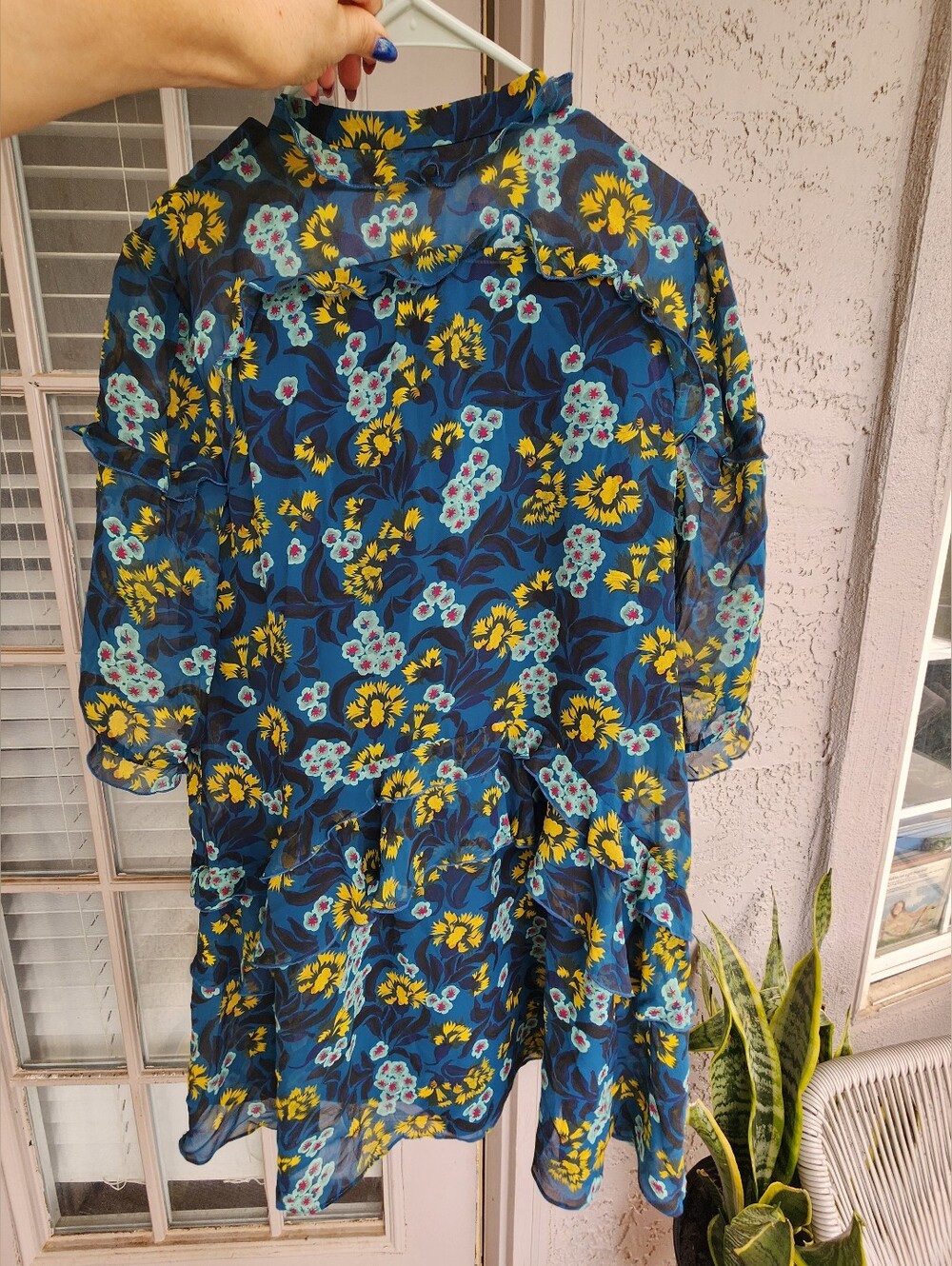 Saloni 100% Silk Teal Tilly Blue Floral Ruffle Tiered Dress Sz 10 - Picture 6 of 8